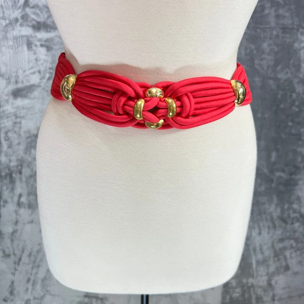 Retro Pink Wide Waist Statement Belt Gold Hardware Knotted Braided Cord Coquette